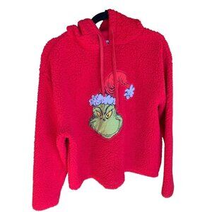 The Grinch Red Sherpa Unisex Pullover Christmas Hoodie Size XL Thumb Hole Cut‌‌‌
